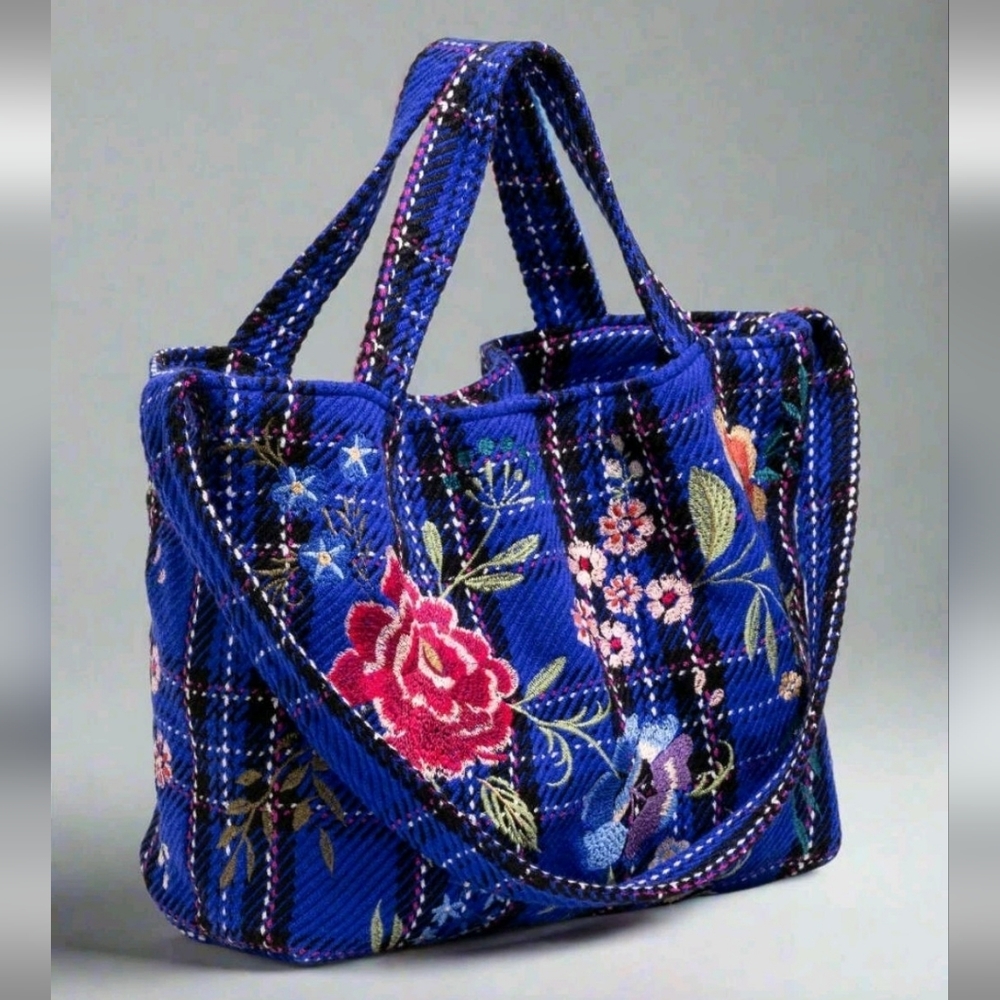 JOHNNY WAS Mila Oversized Floral Embroidered Hobo Plaid Blue Navy Red Tote NWT
